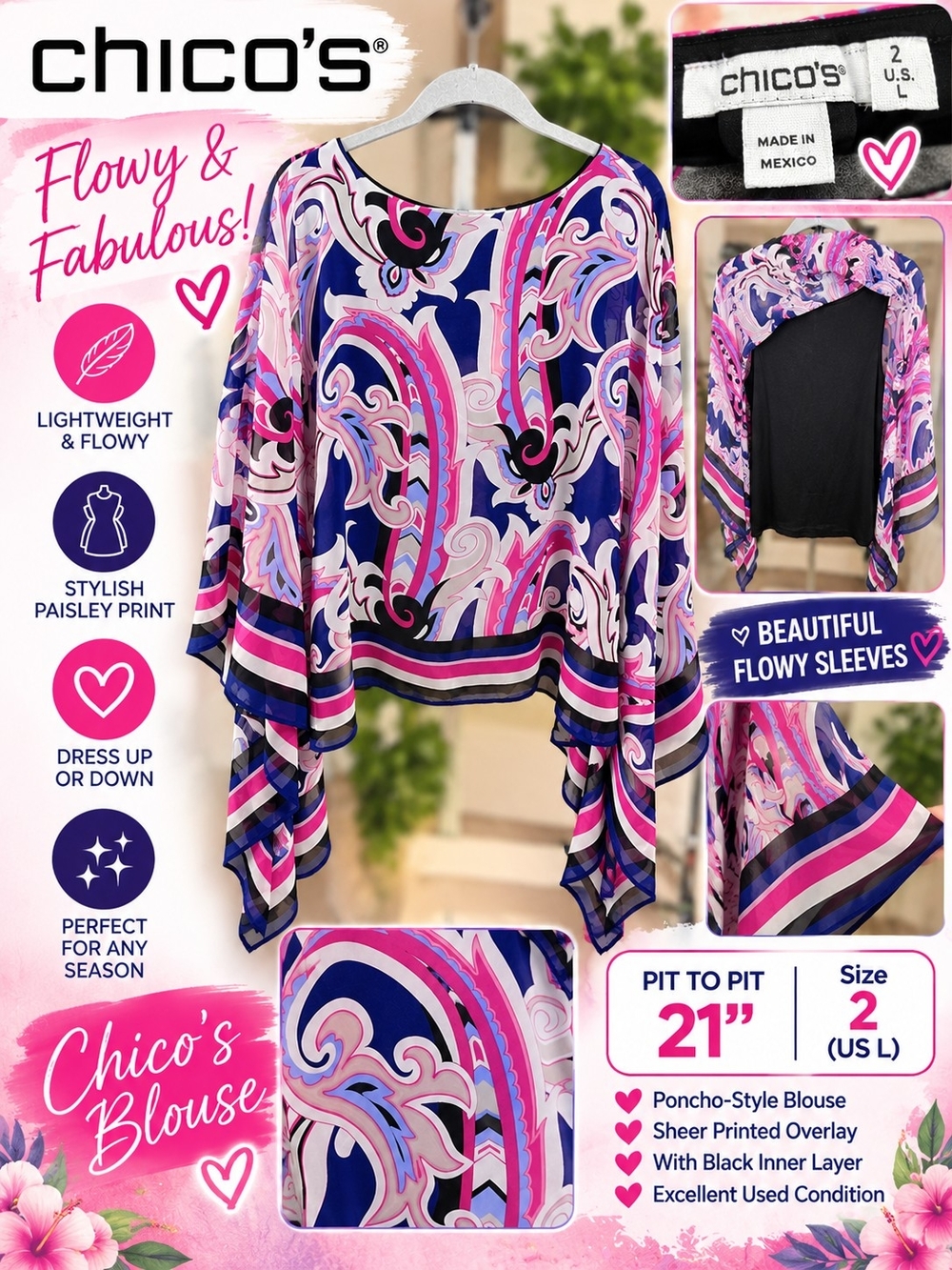 Chico's Pink, Blue & White Paisley Poncho Blouse EUC